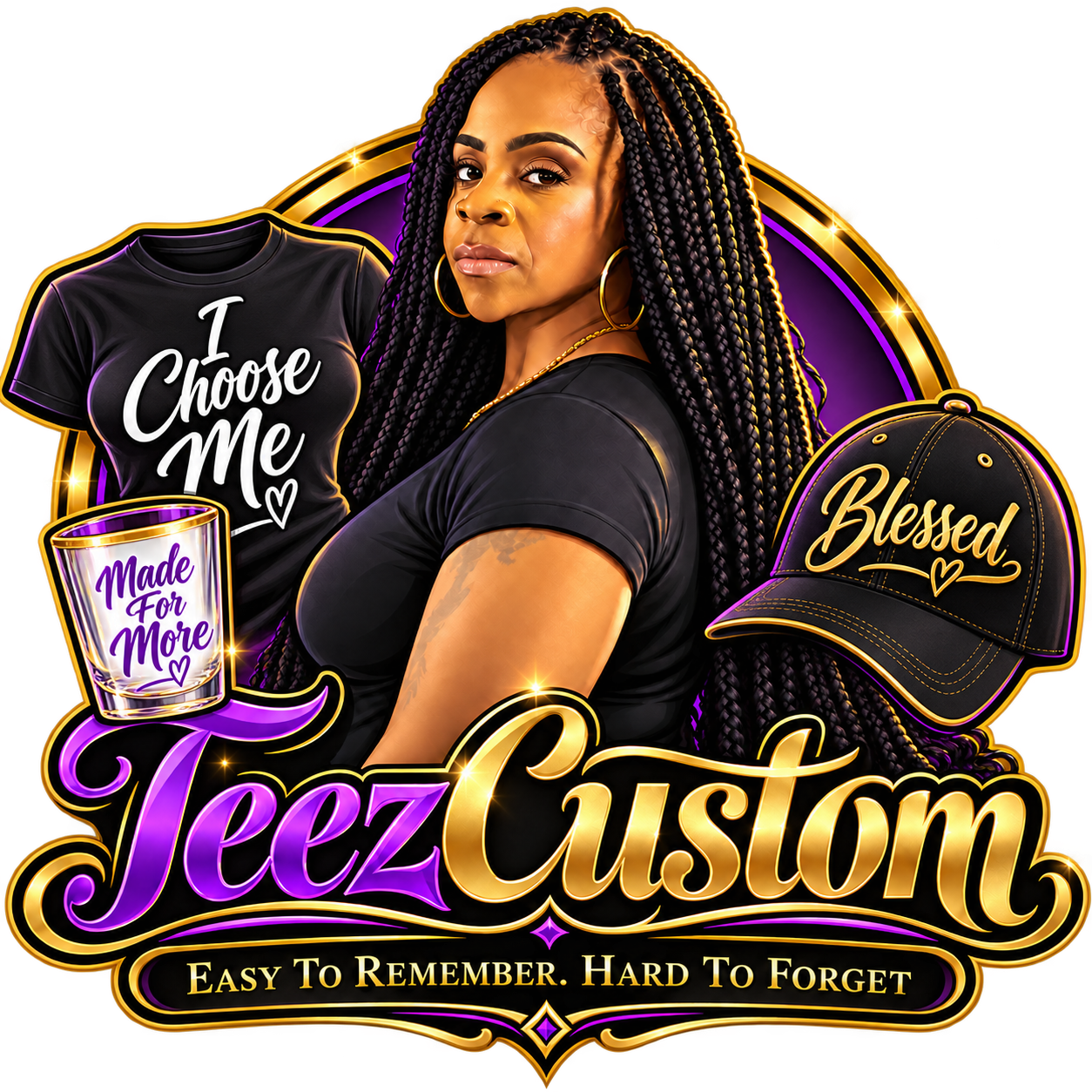TeezCustom portrait logo in purple and gold, with affirmation T-shirt, shot glass and hat